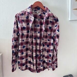 Uniqlo Plaid cream and burgundy with blue spots 100% cotton